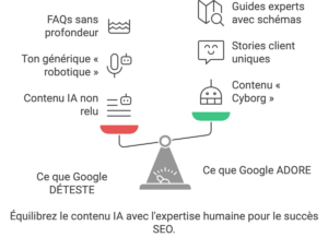  Ce que Google DÉTESTE

Ce que Google ADORE

Contenu IA non relu

Contenu « Cyborg » (IA + expertise métier)

Ton générique « robotique »

Stories client uniques + données exclusives

FAQs sans profondeur

Guides experts avec schémas/cas pratiques