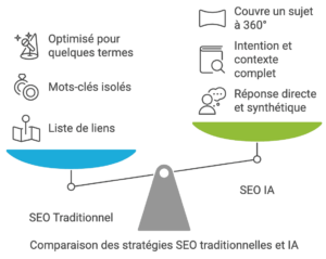 Aspect               SEO Traditionnel                                        SEO IA

Résultats            Liste de liens                                     Réponse directe et synthétique

Approche          Mots-clés isolés                                Intention et contexte complet

Contenu            Optimisé pour quelques termes     Couvre un sujet à 360°

Langage            Parfois répétitif                                 Naturel et diversifié

Autorité             Basée sur les liens                            Basée sur la fiabilité perçue

Suivi                  Positionnement Google                 Multi-plateforme (Google, ChatGPT, Gemini)