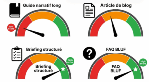 Format de contenuPerformance dans la récupération IA"Guide ultime" narratif longSous-performeArticle de blog classiqueMoyenNote de synthèse / briefing structuréOptimalFAQ avec blocs BLUFOptimal