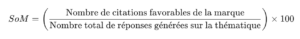 SoM = (Nombre de citations favorables de la marque}/ Nombre total de réponses générées sur la thématique} x 100