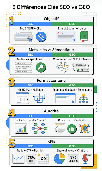 comparaison en 5 points entre le référencement SEO (Search Engine Optimization - pour les moteurs de recherche traditionnels) et le référencement GEO (Generative Engine Optimization - pour les moteurs de recherche basés sur l'Intelligence Artificielle comme Perplexity, ChatGPT Search ou Google AI Overviews)
